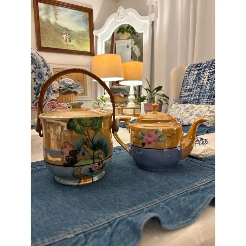 Vintage Japanese Luster Ware Biscuit Jar & Tea Pot Lot